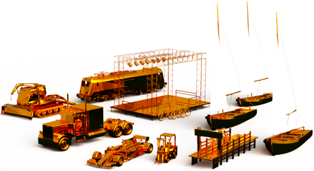 Trein, vrachtwagen, piste bully, boten, brug, F1 auto, heftruck in oranje aluminium
