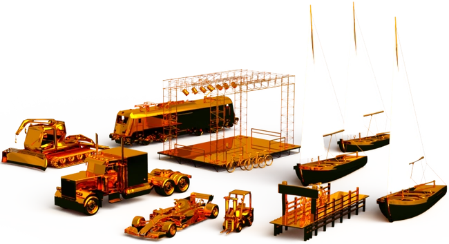 Trein, vrachtwagen, piste bully, boten, brug, F1 auto, heftruck in oranje aluminium